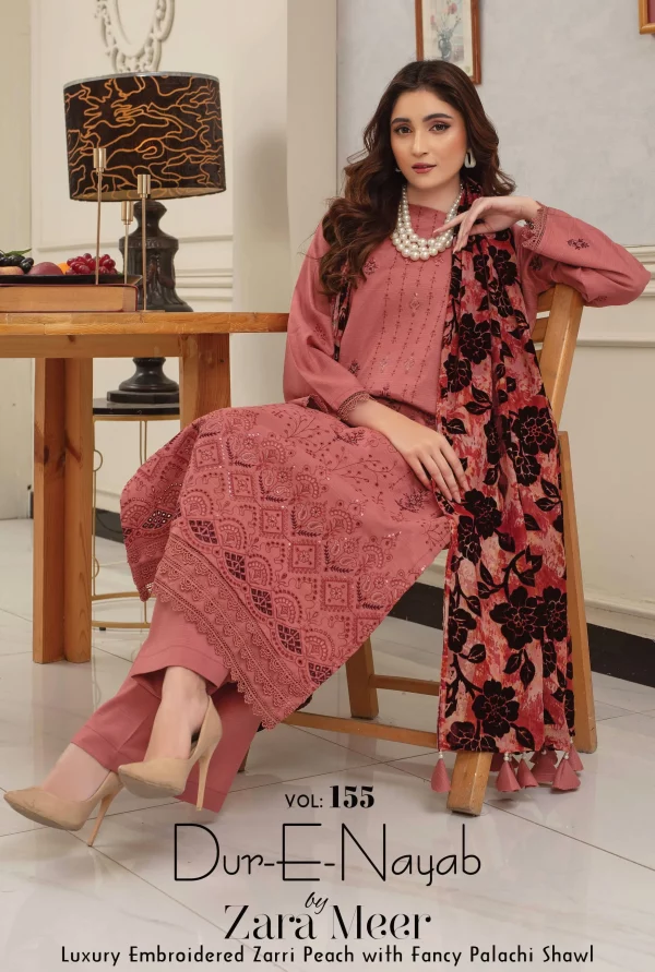 3 PC Embroidered Zarri Peach - Image 2