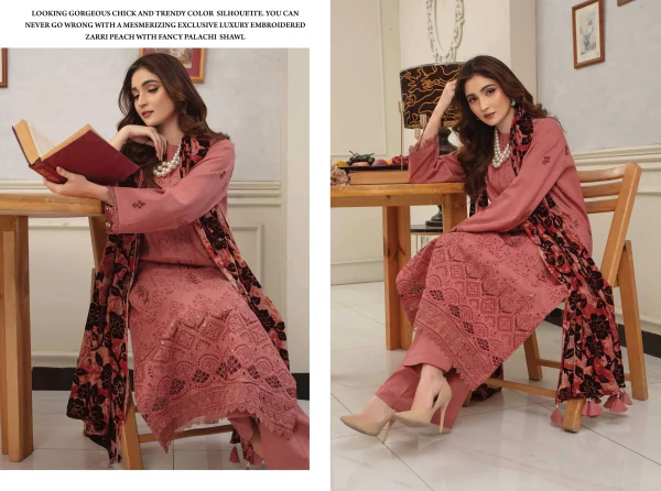 3 PC Embroidered Zarri Peach - Image 5